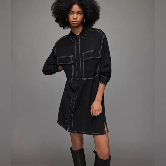 all saints black shirt dress Veloria Halterneck Mini Dress in Black Chiffon with Lining , Halter Neck